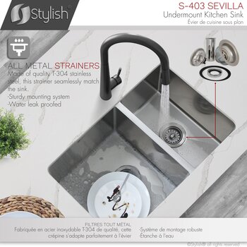 28'' Undermount Double Bowl Kitchen Sink, 18 Gauge Stainless Steel with Standard Strainers, Strainer Info