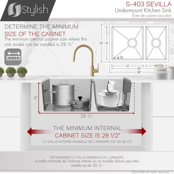 28'' Undermount Double Bowl Kitchen Sink, 18 Gauge Stainless Steel with Standard Strainers, Dimensions