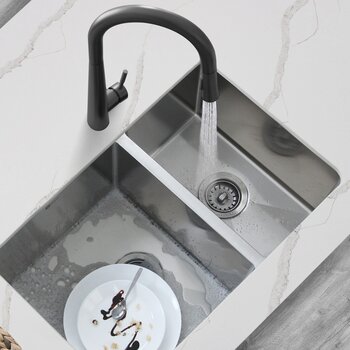 28'' Undermount Double Bowl Kitchen Sink, 18 Gauge Stainless Steel with 2 Grids and 2 Standard Strainers, In Use