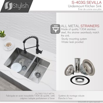 28'' Undermount Double Bowl Kitchen Sink, 18 Gauge Stainless Steel with 2 Grids and 2 Standard Strainers, Strainers Info