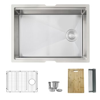 25" W - Stainless Steel Kitchen Sink with Included Grid, Cutting Board, Strainer and Drying Rack