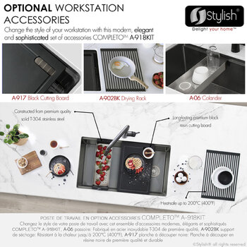 Stylish International 33'' Versa Handmade Graphite Workstation Single Bowl Kitchen Sink with Built-In Accessories, 33'' Black Optional Accessories