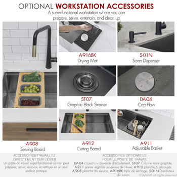 Stylish International 33'' Versa Handmade Graphite Workstation Single Bowl Kitchen Sink with Built-In Accessories, 33'' Black Optional Accessories 2