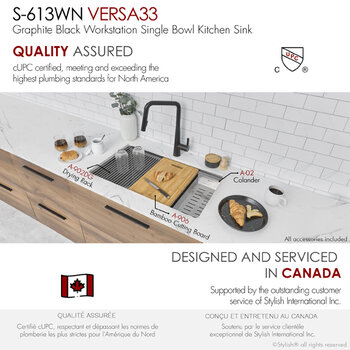 Stylish International 33'' Versa Handmade Graphite Workstation Single Bowl Kitchen Sink with Built-In Accessories, 33'' Black Quality Assured