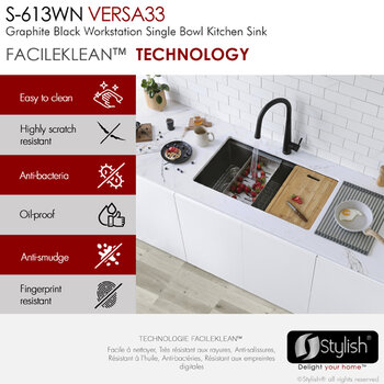 Stylish International 33'' Versa Handmade Graphite Workstation Single Bowl Kitchen Sink with Built-In Accessories, 33'' Black Facileklean Technology