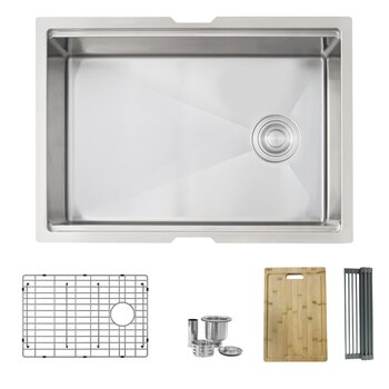 27" W - Stainless Steel Kitchen Sink with Included Grid, Cutting Board, Strainer and Drying Rack
