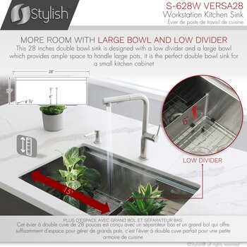 28'' Versa Workstation 60/40 Double Bowl Undermount 16-Gauge Stainless Steel Kitchen Sink with Built-In Accessories, Dimensions