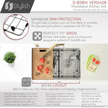 28'' Versa Workstation 60/40 Double Bowl Undermount 16-Gauge Stainless Steel Kitchen Sink with Built-In Accessories, Grid Info
