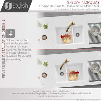 Norquay 27'' Dual Mount 60/40 Double Bowl White Composite Granite Kitchen Sink with Strainers, Installation Design Info