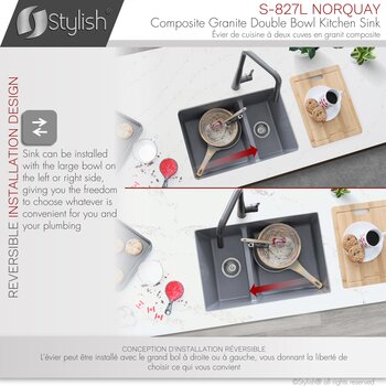 Norquay 27'' Dual Mount 60/40 Double Bowl Gray Composite Granite Kitchen Sink with Strainers, Installation Design Info