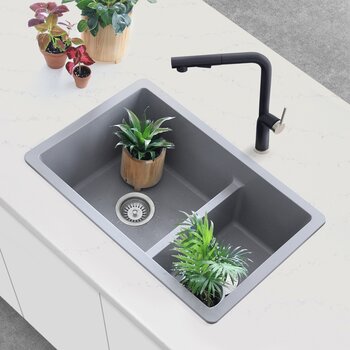 Norquay 27'' Dual Mount 60/40 Double Bowl Gray Composite Granite Kitchen Sink with Strainers, Installed View