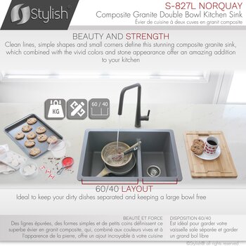 Norquay 27'' Dual Mount 60/40 Double Bowl Gray Composite Granite Kitchen Sink with Strainers, Beauty Strength Info