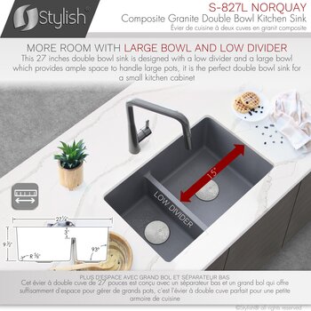 Norquay 27'' Dual Mount 60/40 Double Bowl Gray Composite Granite Kitchen Sink with Strainers, Dimensions