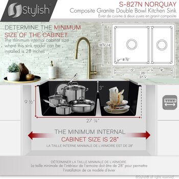 Norquay 27'' Dual Mount 60/40 Double Bowl Black Composite Granite Kitchen Sink with Strainers, Minimum Cabinet Size Info