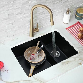 Norquay 27'' Dual Mount 60/40 Double Bowl Black Composite Granite Kitchen Sink with Strainers, In Use