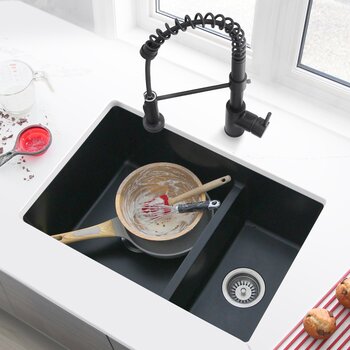 Norquay 27'' Dual Mount 60/40 Double Bowl Black Composite Granite Kitchen Sink with Strainers, Installed View