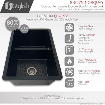 Norquay 27'' Dual Mount 60/40 Double Bowl Black Composite Granite Kitchen Sink with Strainers, Features