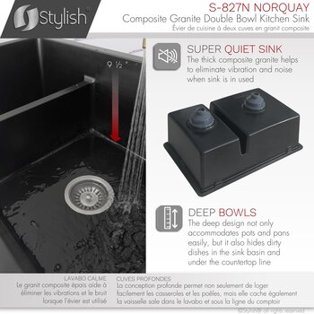 Norquay 27'' Dual Mount 60/40 Double Bowl Black Composite Granite Kitchen Sink with Strainers, Quiet Sink Info
