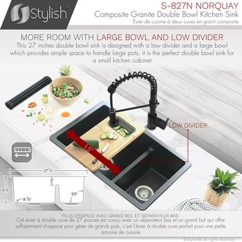 Norquay 27'' Dual Mount 60/40 Double Bowl Black Composite Granite Kitchen Sink with Strainers, Dimensions