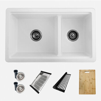 Stylish International Waterton Dual Mount 30'' Composite Granite Double Bowl Workstation Kitchen Sink Set with Matching Accessories, White Included Items