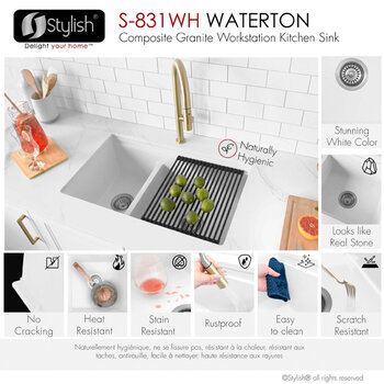 Stylish International Waterton Dual Mount 30'' Composite Granite Double Bowl Workstation Kitchen Sink Set with Matching Accessories, White Features