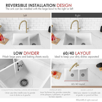Stylish International Waterton Dual Mount 30'' Composite Granite Double Bowl Workstation Kitchen Sink Set with Matching Accessories, Reversible Install