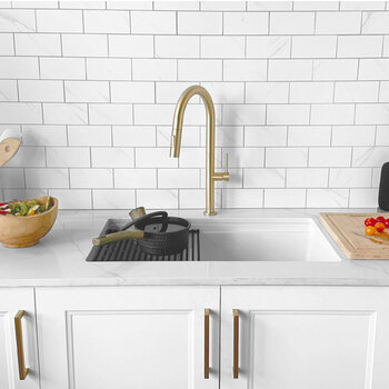 Stylish International Waterton Dual Mount 30'' Composite Granite Double Bowl Workstation Kitchen Sink Set with Matching Accessories, White In Use Kitchen Front View