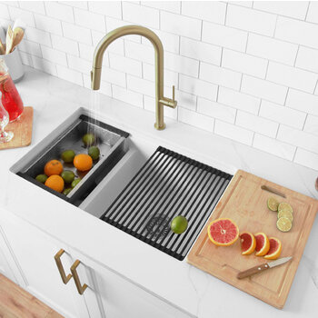 Stylish International Waterton Dual Mount 30'' Composite Granite Double Bowl Workstation Kitchen Sink Set with Matching Accessories, White In Use Kitchen Overhead View