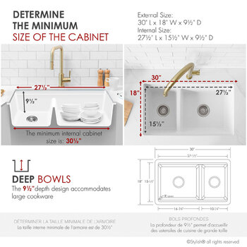 Stylish International Waterton Dual Mount 30'' Composite Granite Double Bowl Workstation Kitchen Sink Set with Matching Accessories, Dimensions