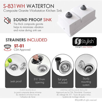 Stylish International Waterton Dual Mount 30'' Composite Granite Double Bowl Workstation Kitchen Sink Set with Matching Accessories, Soundproof