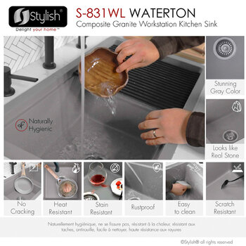 Stylish International Waterton Dual Mount 30'' Composite Granite Double Bowl Workstation Kitchen Sink Set with Matching Accessories, Gray Features