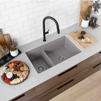 Stylish International Waterton Dual Mount 30'' Composite Granite Double Bowl Workstation Kitchen Sink Set with Matching Accessories, Gray In Use Kitchen Overhead View