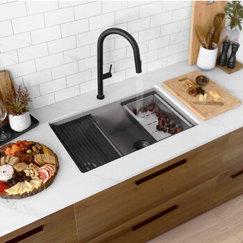 Stylish International Waterton Dual Mount 30'' Composite Granite Double Bowl Workstation Kitchen Sink Set with Matching Accessories, Gray In Use Kitchen Overhead View