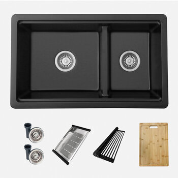 Stylish International Waterton Dual Mount 30'' Composite Granite Double Bowl Workstation Kitchen Sink Set with Matching Accessories, Black Included Items