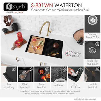 Stylish International Waterton Dual Mount 30'' Composite Granite Double Bowl Workstation Kitchen Sink Set with Matching Accessories, Black Features