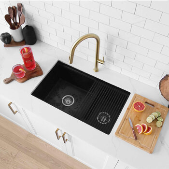 Stylish International Waterton Dual Mount 30'' Composite Granite Double Bowl Workstation Kitchen Sink Set with Matching Accessories, Black In Use Kitchen Overhead View