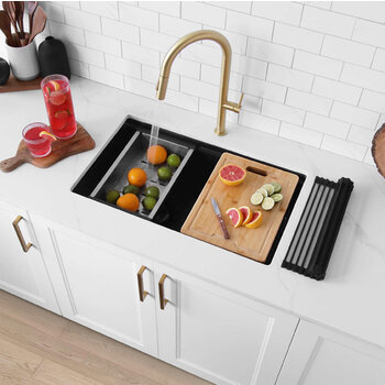 Stylish International Waterton Dual Mount 30'' Composite Granite Double Bowl Workstation Kitchen Sink Set with Matching Accessories, Black In Use Kitchen Overhead View