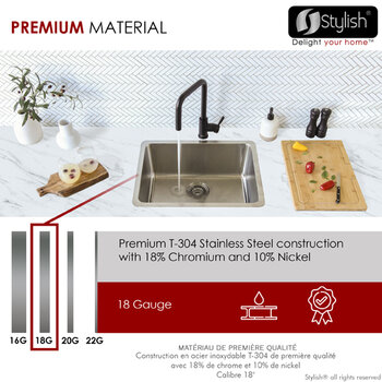 Stylish International STYLISH™ Garnet Single Bowl Dual Mount Stainless Steel Kitchen Sink with Strainer, 23" W, Premium Material