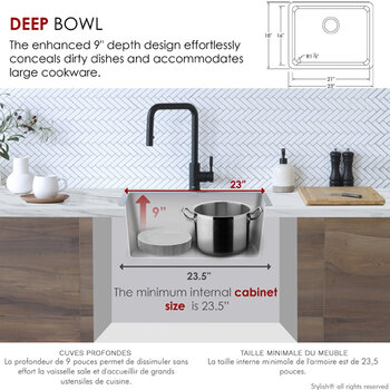 Stylish International STYLISH™ Garnet Single Bowl Dual Mount Stainless Steel Kitchen Sink with Strainer, 23" W, Deep Bowl
