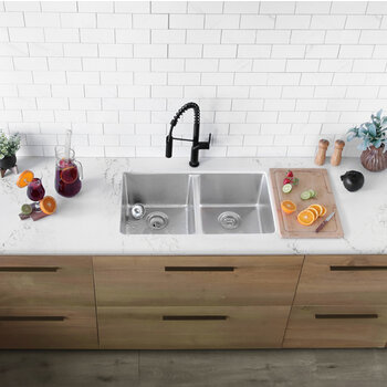 Stylish International Toledo Series Double Bowl Kitchen Sink, In Use Kitchen Overhead View