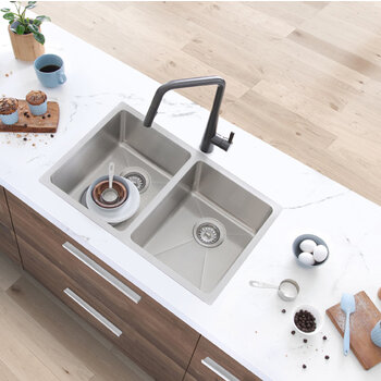 Stylish International Toledo Series Double Bowl Kitchen Sink, In Use Kitchen Overhead Angle View