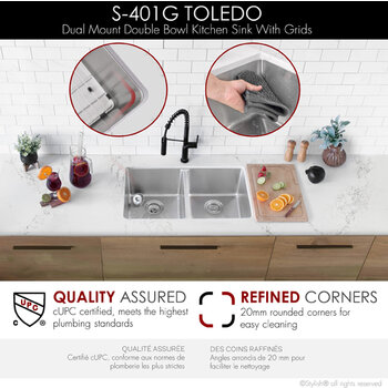 Stylish International Toledo Series Double Bowl Kitchen Sink, Refined Corners with Grids