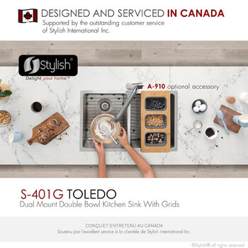 Stylish International Toledo Series Double Bowl Kitchen Sink, Designed in Canada with Grids