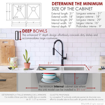Stylish International Toledo Series Double Bowl Kitchen Sink, Dimensions w/ Grids