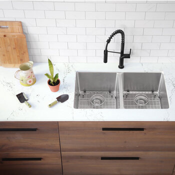 Stylish International Toledo Series Double Bowl Kitchen Sink, In Use Kitchen Overhead View 2