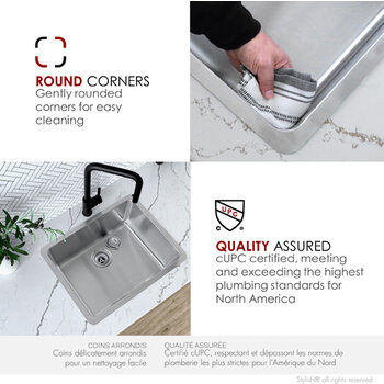 Stylish International STYLISH™ Palma Single Bowl Dual Mount Stainless Steel Kitchen Sink with Strainer, 21'' W, Rounded Corners