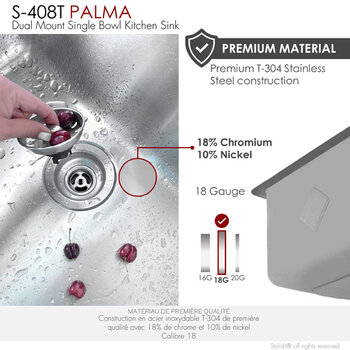 Stylish International STYLISH™ Palma Single Bowl Dual Mount Stainless Steel Kitchen Sink with Strainer, 21'' W, Premium Material