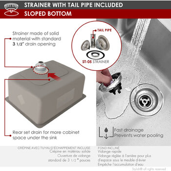 Stylish International STYLISH™ Palma Single Bowl Dual Mount Stainless Steel Kitchen Sink with Strainer, 21'' W, Strainer Info