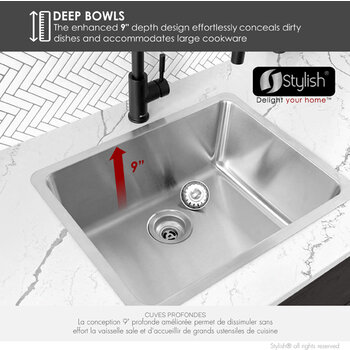 Stylish International STYLISH™ Palma Single Bowl Dual Mount Stainless Steel Kitchen Sink with Strainer, 21'' W, Deep Bowl