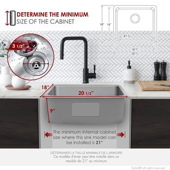 Stylish International STYLISH™ Palma Single Bowl Dual Mount Stainless Steel Kitchen Sink with Strainer, 21'' W, Dimensions